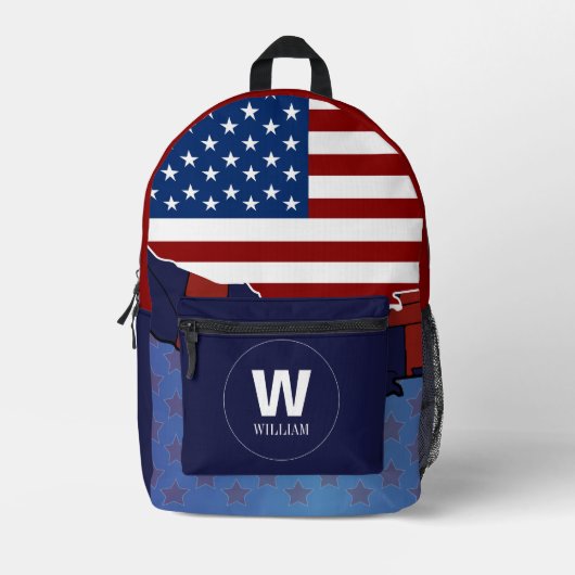 カスタムアメリカ国旗のモノグラム名バックパック プリントバックパック (正面)