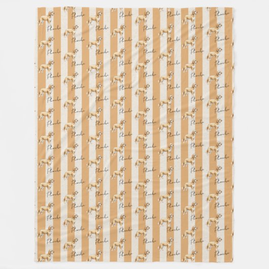 カスタムイエロストライプーゴールデンドードルペット名 フリースブランケット (正面)