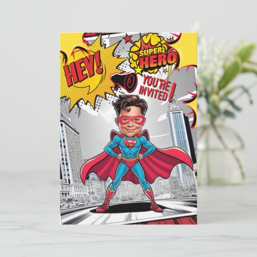 カスタムイエローとレッドのスーパーヒーロー風刺画 招待状 (スタンド正面)