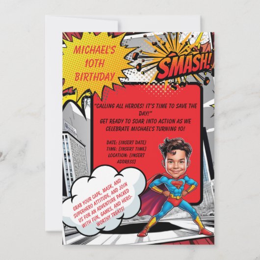 カスタムイエローとレッドのスーパーヒーロー風刺画 招待状 (裏面)