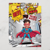 カスタムイエローとレッドのスーパーヒーロー風刺画 招待状 (正面/裏面)