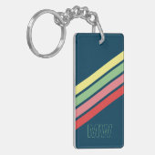 カスタムイエローグリーンコーラル赤ストライプ色オンダークブルー キーホルダー (正面左)