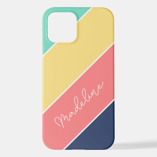 カスタムイエローコーラルダークブルーアクアグリーンストライプズ iPhoneケース (裏面)