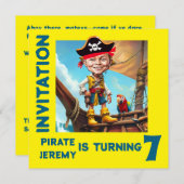 カスタムイエローパイレーツ第7誕生日ボーイ風刺画 招待状 (正面/裏面)
