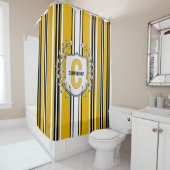 カスタムイエローブラックストライプモノグラム シャワーカーテン (インサイチュ)
