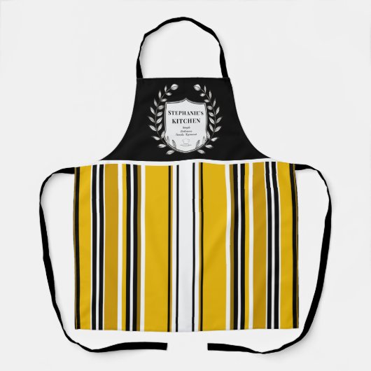 カスタムイエローホワイトブラックストライプキッチン エプロン (正面)