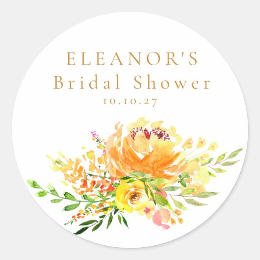 カスタムイエロー水彩花のブライダルシャワー ラウンドシール (正面)