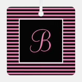 カスタムイニシャルピンクとブラックストライプの メタルオーナメント