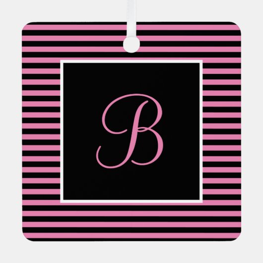 カスタムイニシャルピンクとブラックストライプの メタルオーナメント (正面)