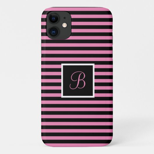カスタムイニシャルピンクとブラックストライプの Case-Mate iPhoneケース (裏面)