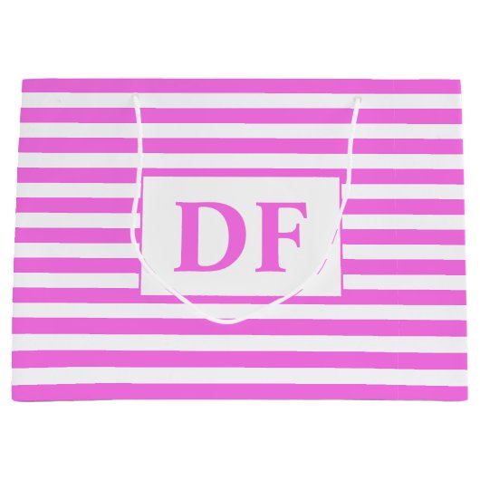 カスタムイニシャルピンク/白ストライプ色 ラージペーパーバッグ (正面)