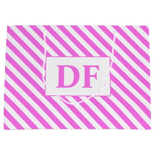 カスタムイニシャルピンク/白ストライプ色 ラージペーパーバッグ (正面)