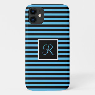 カスタムイニシャルブルーとブラックストライプの iPhone 11 ケース