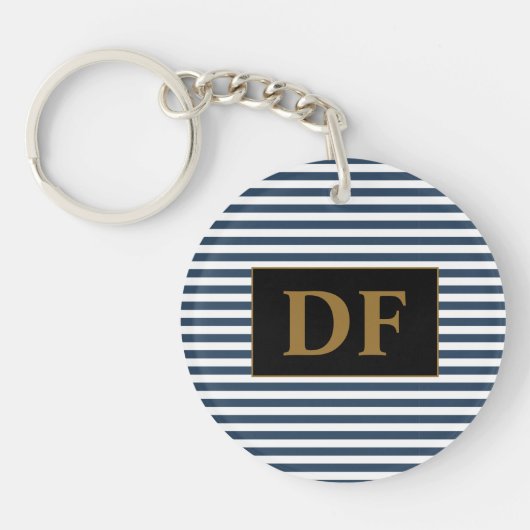 カスタムイニシャルブルー/ホワイトのストライプキーチェーン キーホルダー (正面)