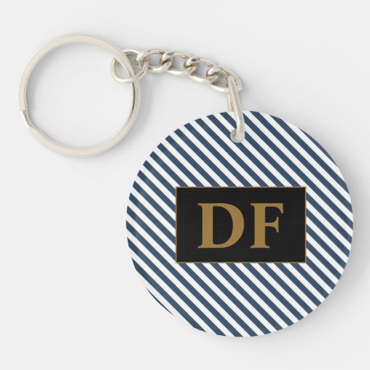 カスタムイニシャルブルー/ホワイトのストライプキーチェーン キーホルダー (正面)