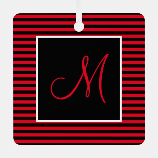 カスタムイニシャルレター赤黒ストライプの メタルオーナメント (正面)