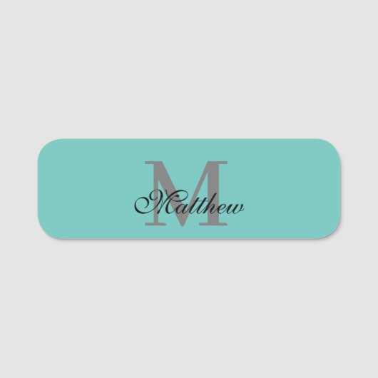 カスタムイニシャル及びネーム文字ティール(緑がかった色) 名札 (正面)