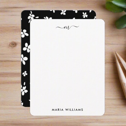 カスタムイニシャル名l白黒フローラスクリプト ノートカード