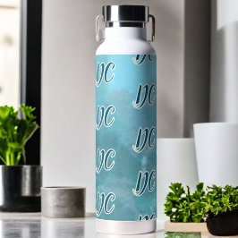 カスタムイニシャル模様ティール（緑がかった色）青アクア水色 ウォーターボトル