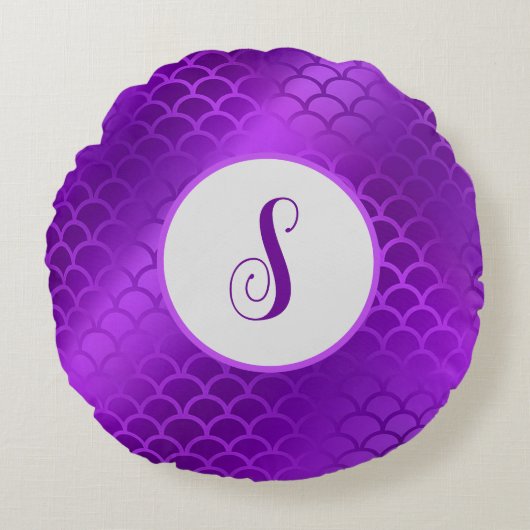カスタムイニシャル紫マーメイドはかりで測型 ラウンドクッション (正面)