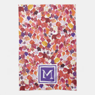 カスタムイニシャル落下葉水色レッドプル キッチンタオル