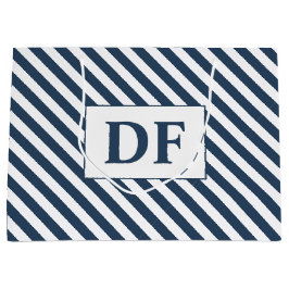 カスタムイニシャル青/白ストライプ ラージペーパーバッグ