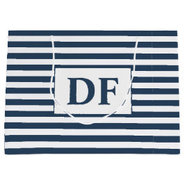 カスタムイニシャル青/白ストライプ ラージペーパーバッグ