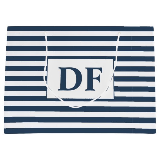 カスタムイニシャル青/白ストライプ ラージペーパーバッグ (正面)