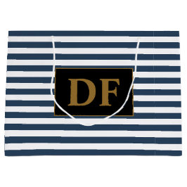 カスタムイニシャル青/白ストライプ ラージペーパーバッグ