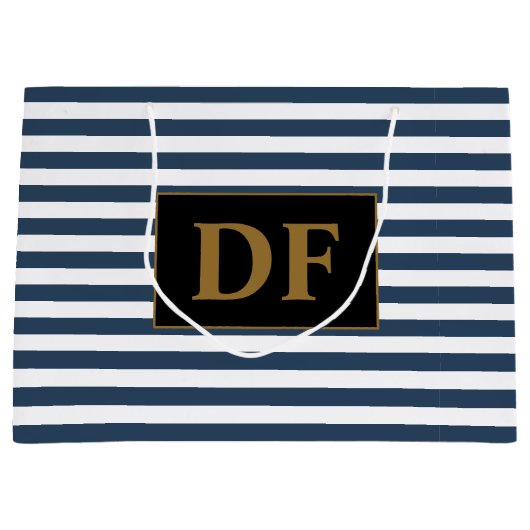 カスタムイニシャル青/白ストライプ ラージペーパーバッグ (正面)