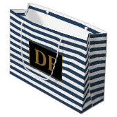 カスタムイニシャル青/白ストライプ ラージペーパーバッグ (正面アングル)