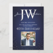 カスタムイニシャル40thエレガントバースデーブルーシルバー 招待状 (正面)