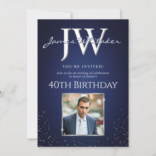 カスタムイニシャル40thエレガントバースデーブルーシルバー 招待状 (正面)