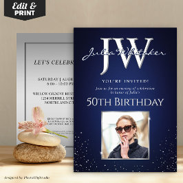 カスタムイニシャル50エレガントth誕生日ブルーシルバー 招待状