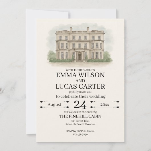 カスタムイラストレーションハンドドロー結婚ド会場 招待状 (正面)