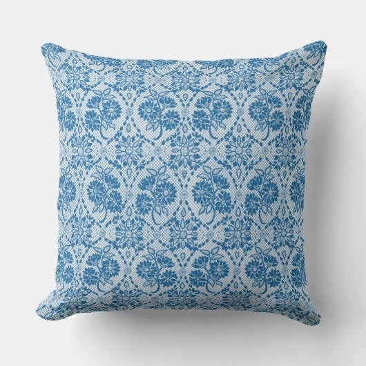 カスタムインディゴブルーフローラフェイクレースパターン クッション (正面)