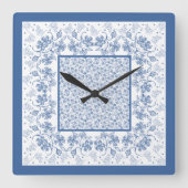 カスタムインディゴ青フローラ縁どスクエアクロック スクエア壁時計 (正面)