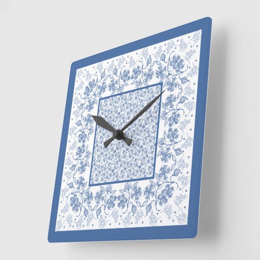 カスタムインディゴ青フローラ縁どスクエアクロック スクエア壁時計 (傾斜)