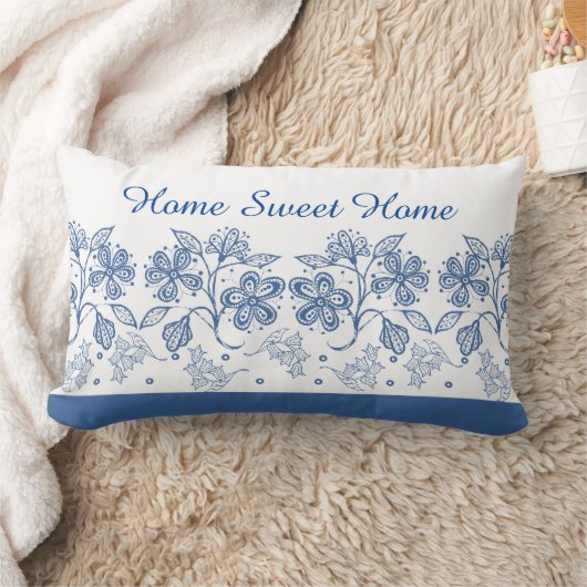 カスタムインディゴ青フローラ縁どバルンバ枕 ランバークッション (ブランケット)