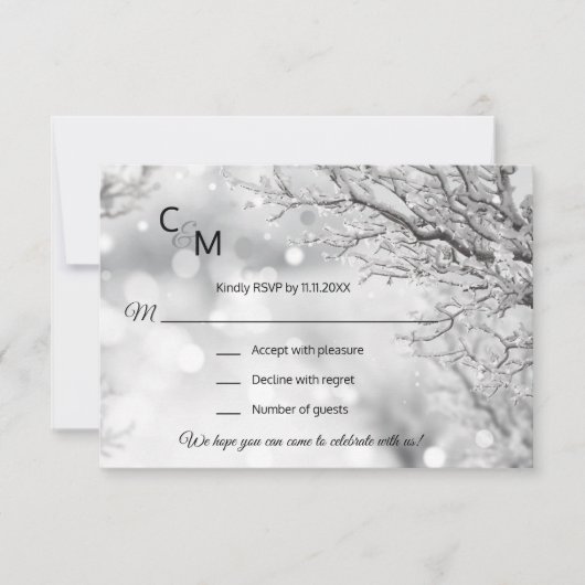 カスタムウィンターワンダーランド雪のシーンRSVP結婚の 出欠カード (正面)