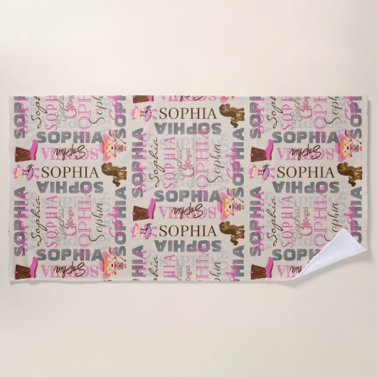 カスタムウェスタン女性のカーボーイ馬好きコラージュ名 ビーチタオル (正面)