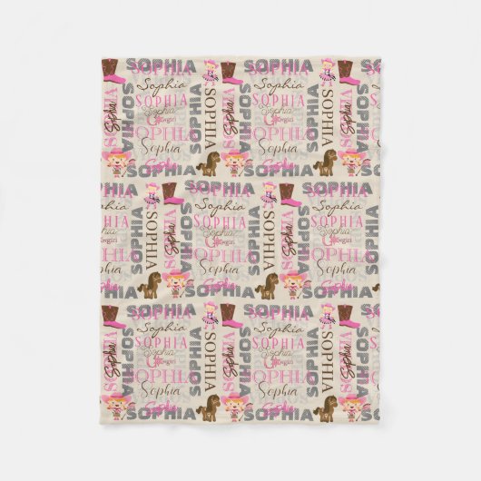 カスタムウェスタン女性のカーボーイ馬好きコラージュ名 フリースブランケット (正面)