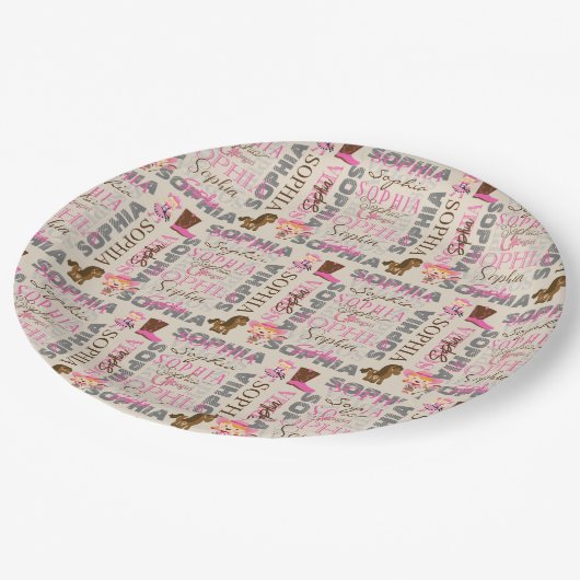 カスタムウェスタン女性のカーボーイ馬好きコラージュ名 ペーパープレート (アングル)