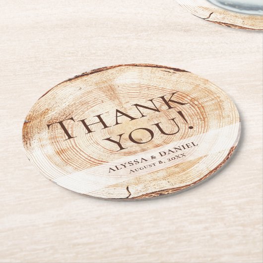 カスタムウェディングの好意ありがとうウッドカットスライス ラウンドペーパーコースター (アングル)