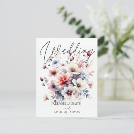 カスタムウェディングウォーターカラーフローラ結婚ブーケ 招待状 (スタンド正面)