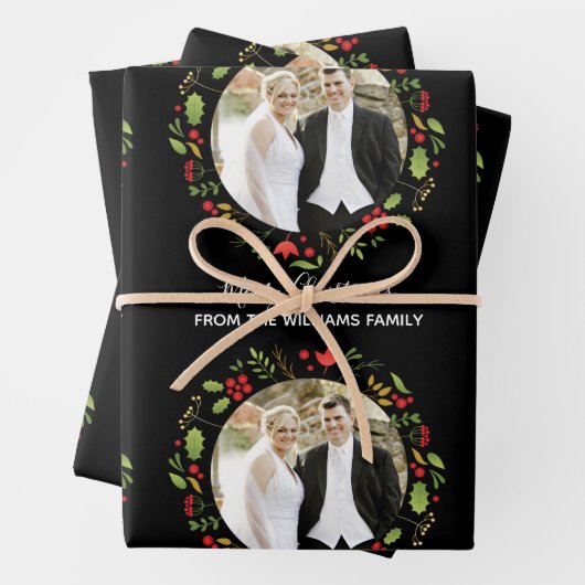 カスタムウェディングカップルのクリスマスフォトシックなブラック ラッピングペーパーシート (インサイチュ)