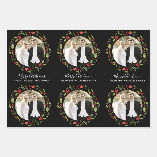 カスタムウェディングカップルのクリスマスフォトシックなブラック ラッピングペーパーシート (正面)