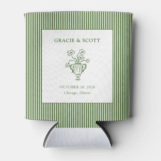 カスタムウェディングクラシックフローラグリーンストライプ 缶クーラー (正面)