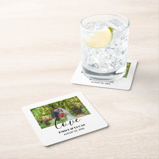 カスタムウェディングシンプルフォトエレガント書道 スクエアペーパーコースター (インサイチュ)