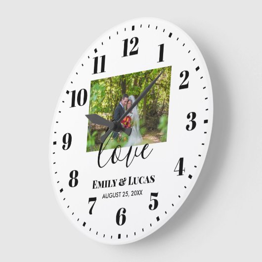 カスタムウェディングシンプルフォトエレガント書道 ラージ壁時計 (傾斜)